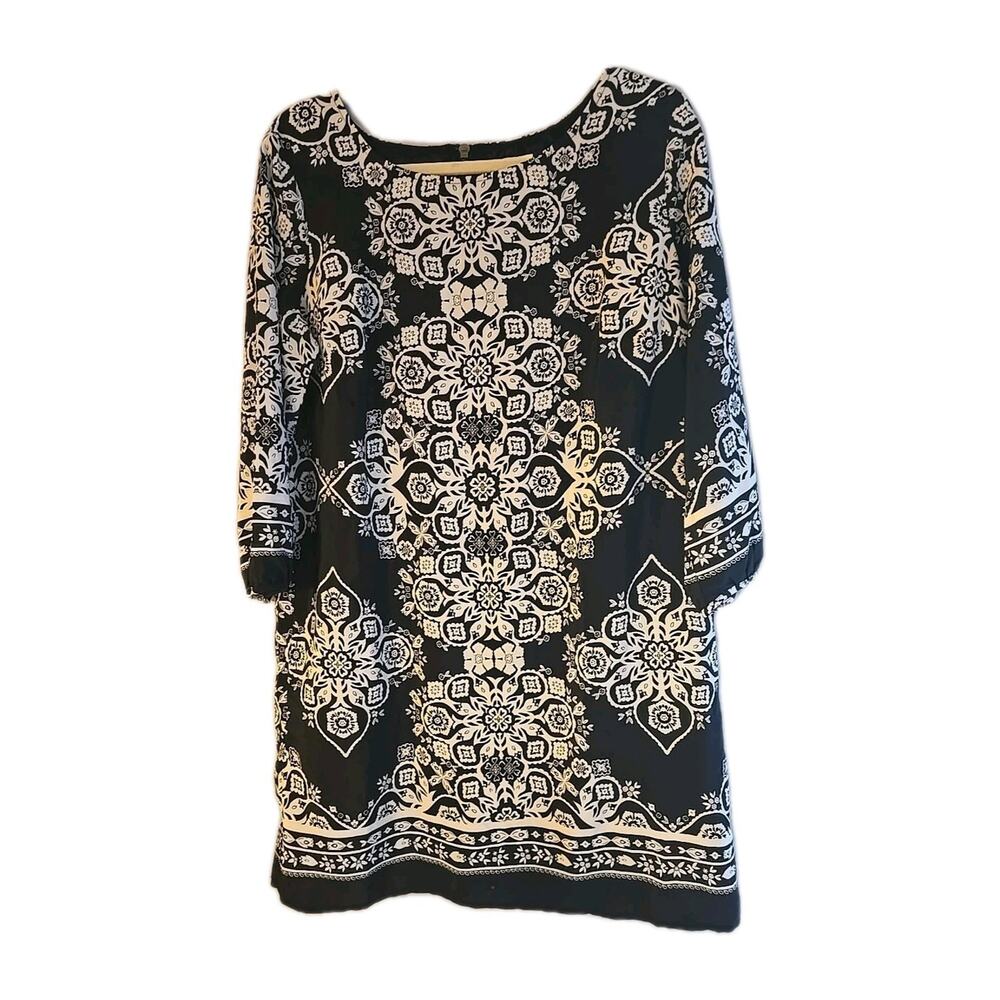 Old Navy Black White Floral Lined 3/4 Sleeve Casual Shift Dress Womans Sz Large